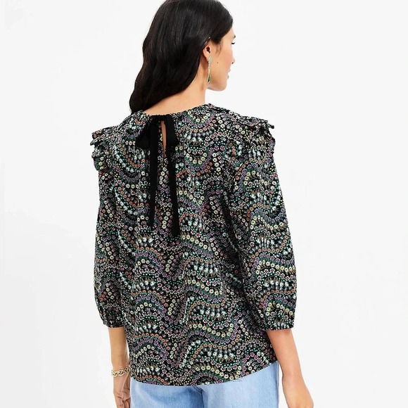 LOFT Blouse long sleeve Petite Garden Dobby Tie Back Ruffle top floral print bow - Picture 2 of 8